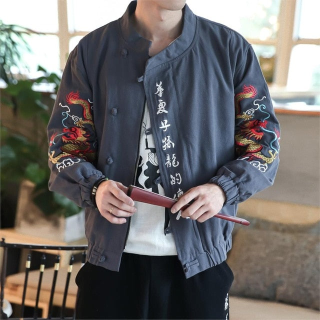 Chinese Calligraph And Dragon Embroidery Design Men Jacket - FanFreakz