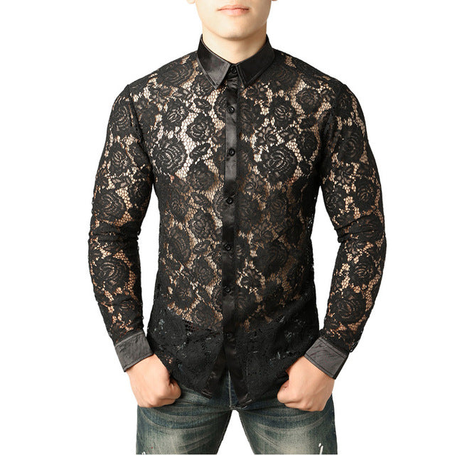 Black Lace Sexy See-through Men Long Sleeves Shirts - FanFreakz