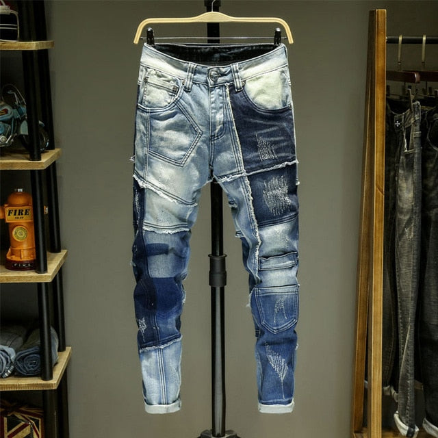 Denim Splice Ripped Slim Stretch Men Jeans – FanFreakz