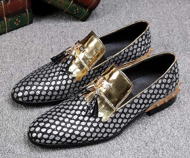 Slip On Tassel Pattern Leather Gold Rivet Men Loafers