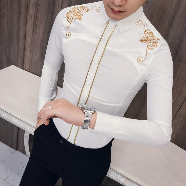 Chest Yellow Embroidered Men Slim Fit Long Sleeve Shirt - FanFreakz
