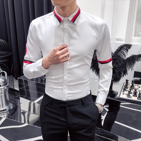 Solid Black or White with Ribbon Stripes Detail Men Shirts