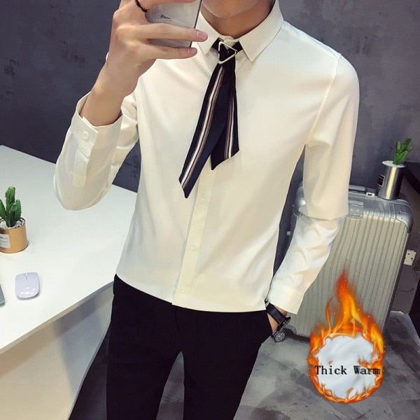 Casual Plain Solid with Scarf Tie Design Men Long Sleeves Shirt - FanFreakz