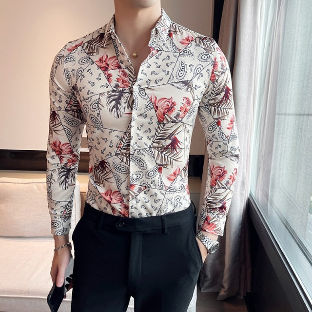 White floral pattern print long sleeve button shirt