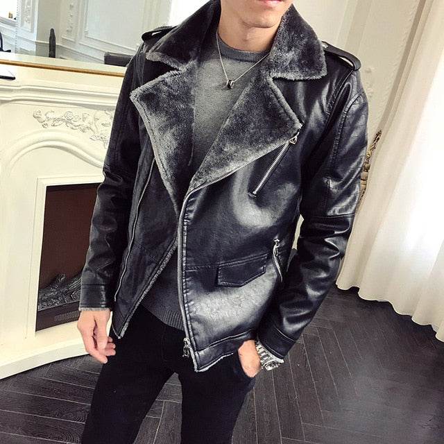 Black and Grey Warm Winter Casual Men Leather Jacket - FanFreakz