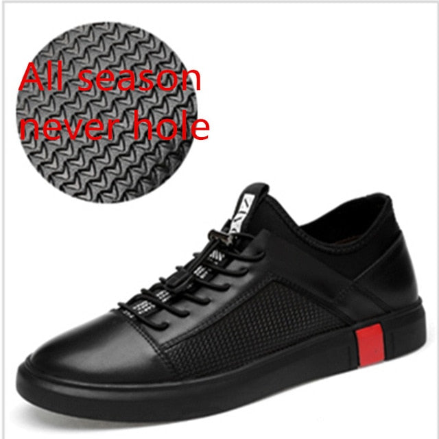 Black Genuine Leather Lace Up Breathable Men Sneakers - FanFreakz