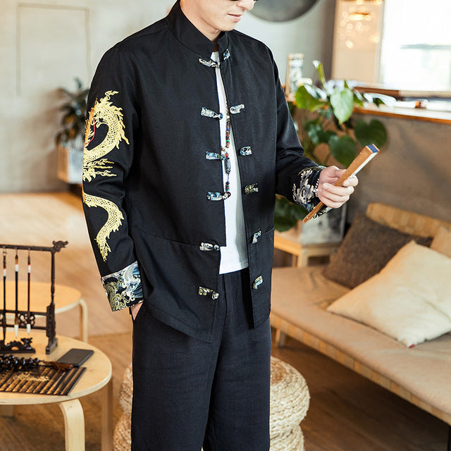 Chinese Style Dragon Embroidered Sleeves Men Jacket - FanFreakz