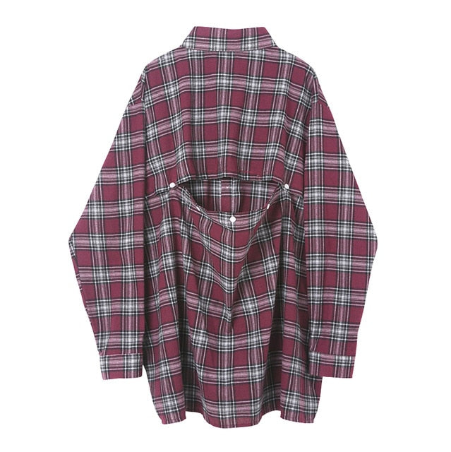 Plaid Retro Oversized with Back Button Men Long Sleeve Streetwear