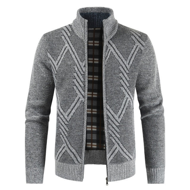 Pattern Stand Collar Zip Cardigan